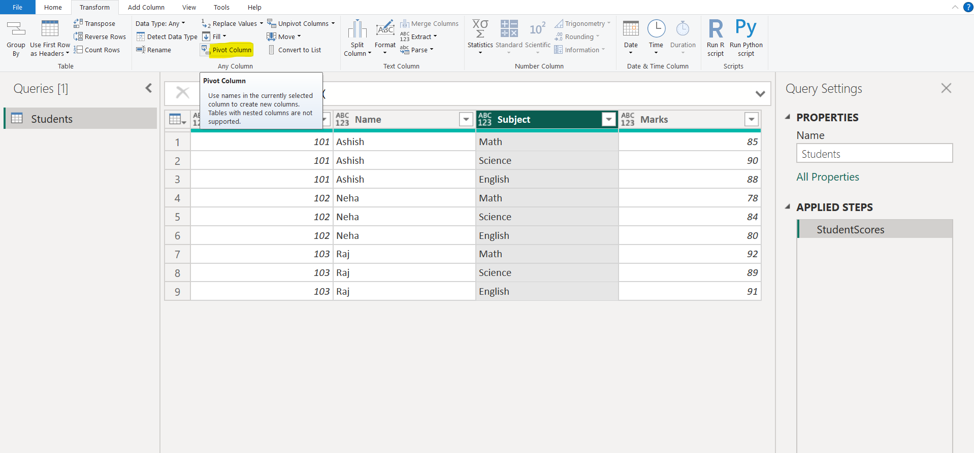Pivot Columns in Power Query Editor
