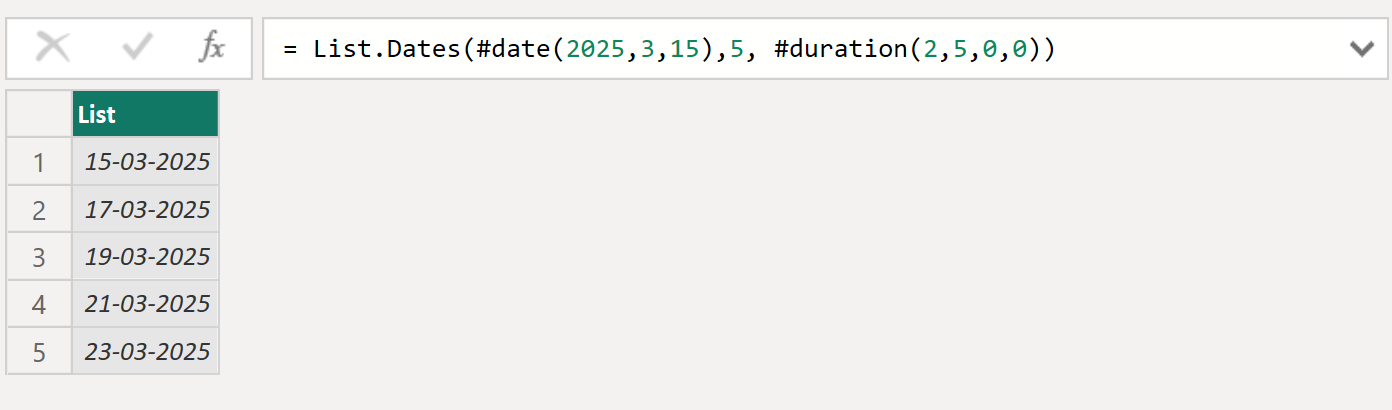 List.Dates function in Power Query Example 1 List.Dates function in Power Query Example 1
