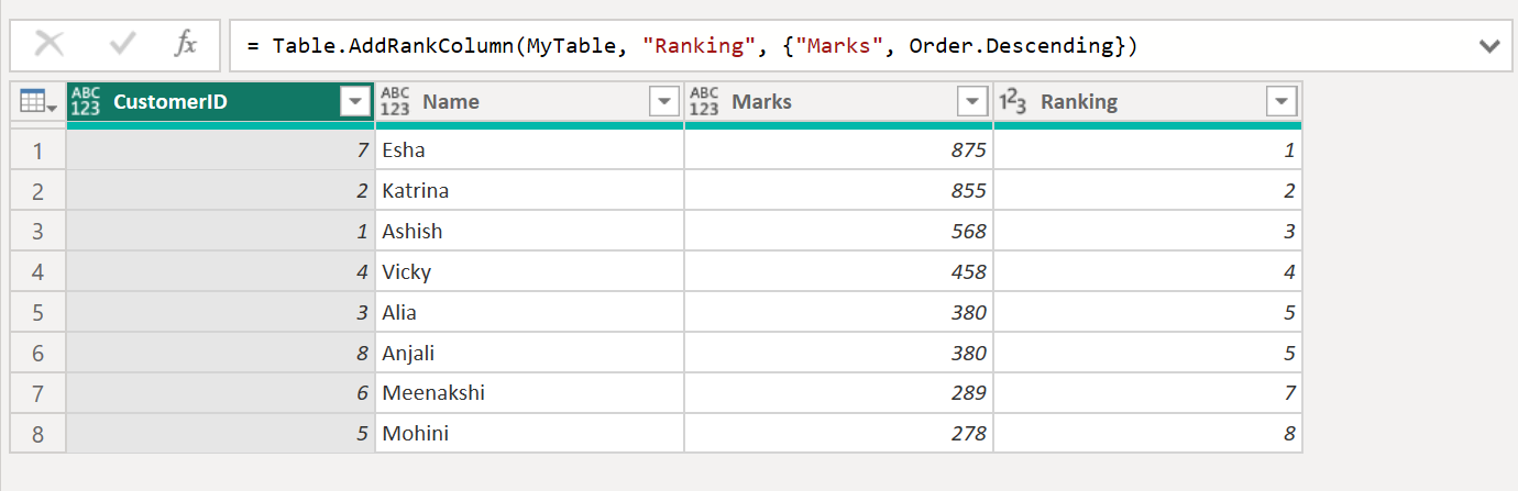 Table.AddRankColumn function in Power Query Table.AddRankColumn function in Power Query
