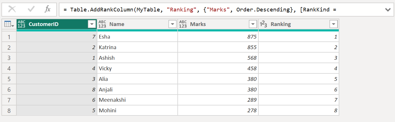 Table.AddRankColumn function in Power Query Table.AddRankColumn function in Power Query