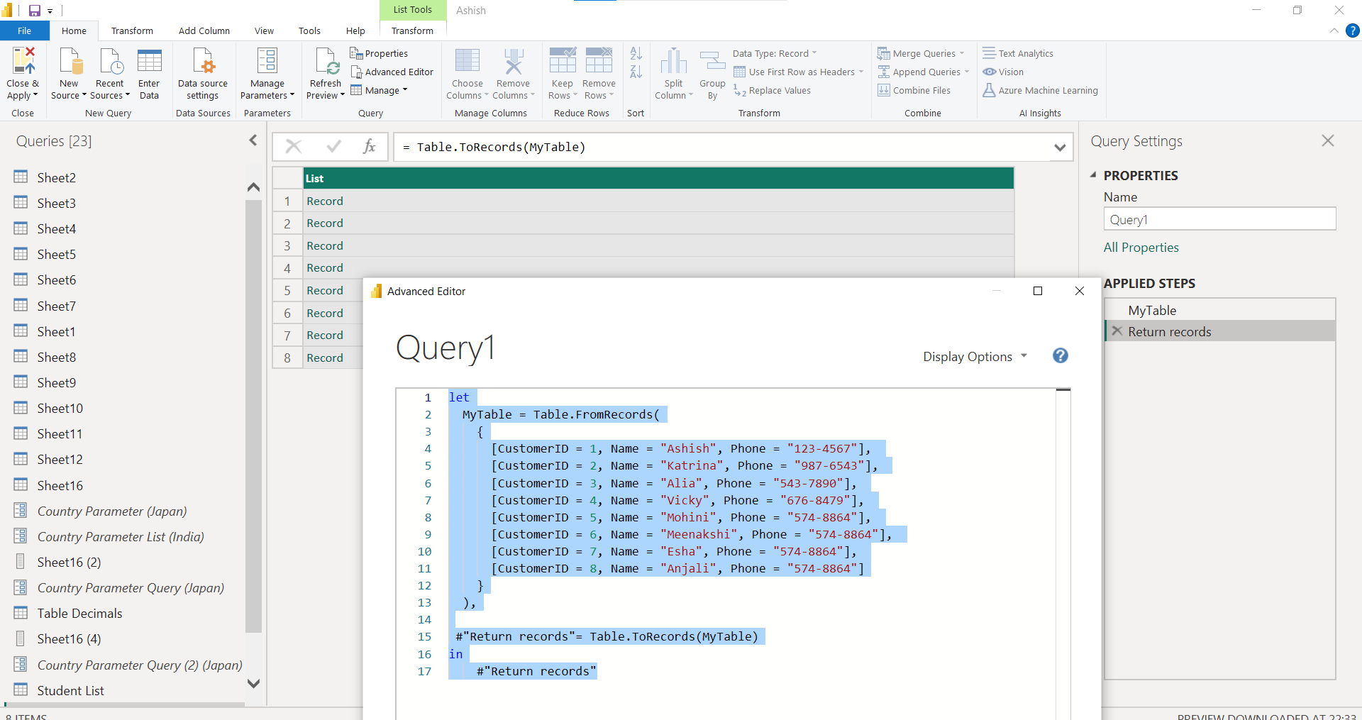 Table.ToRecords function in Power Query Table.ToRecords function in Power Query
