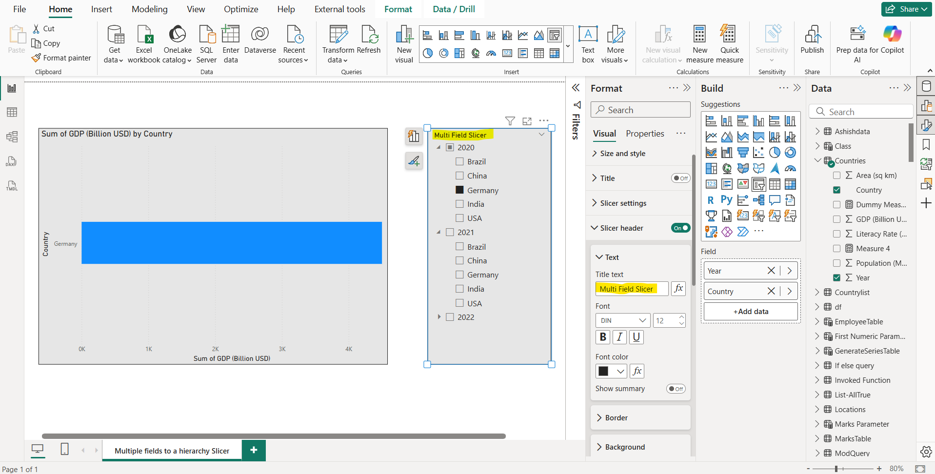 Add multiple fields to a hierarchy slicer in Power BI