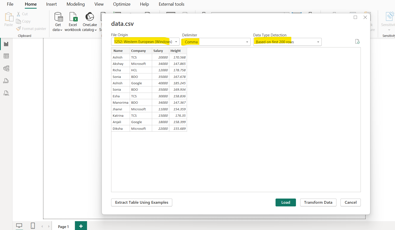 Get data from CSV file in Power BI