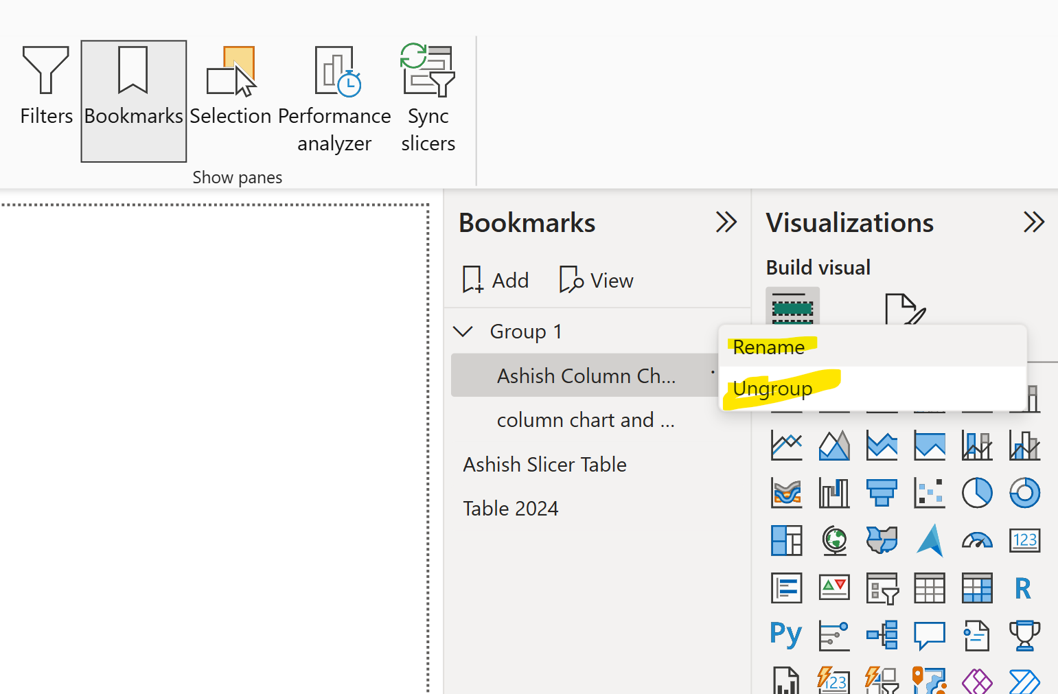 Group and Ungroup Bookmarks in Power BI