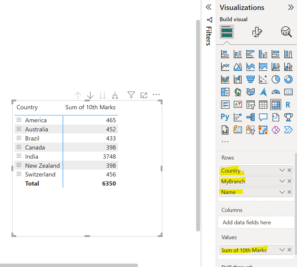 Matrix visual in Power BI